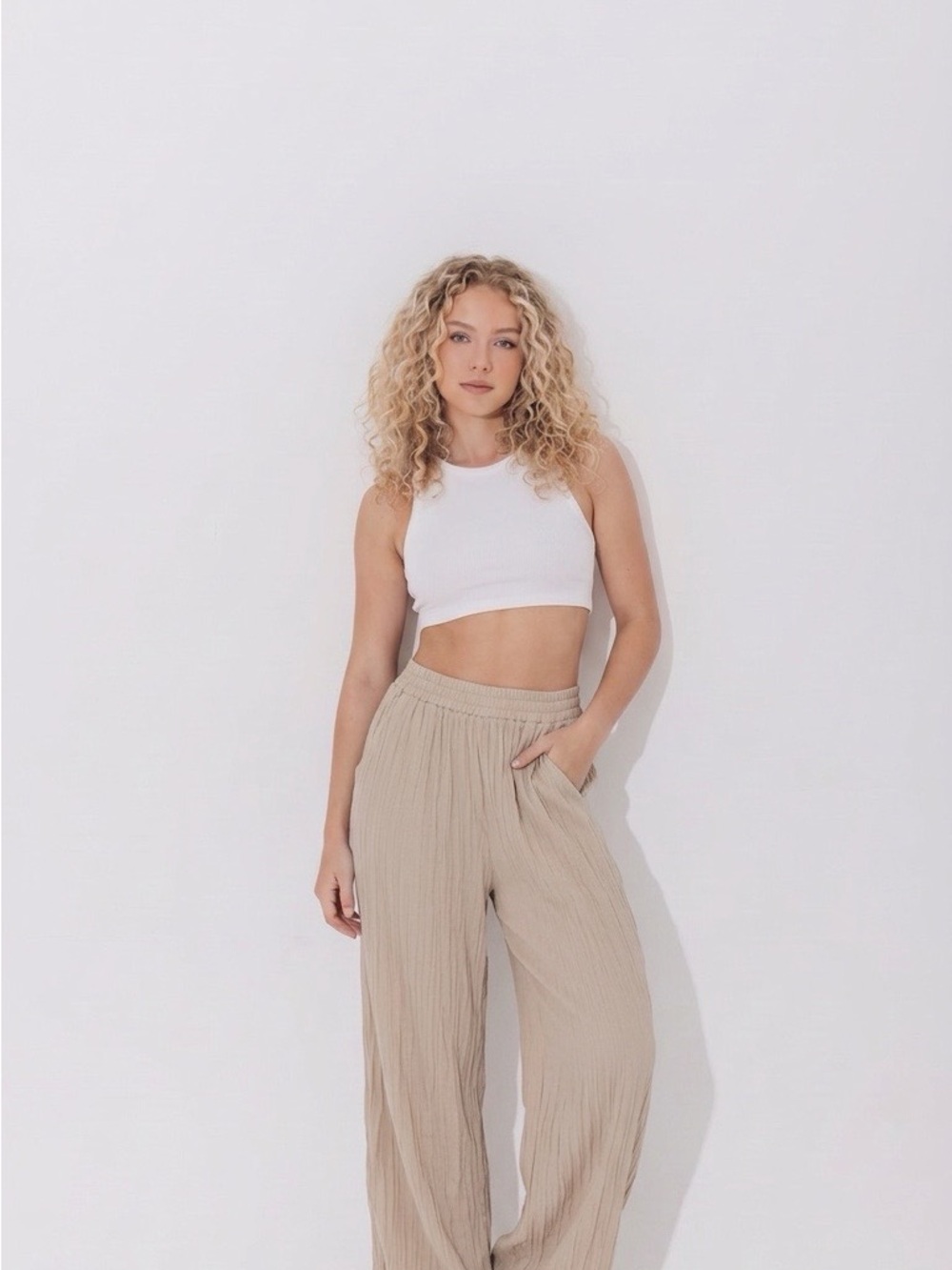 Zara Beige Wide Leg Elastic Waist Pants